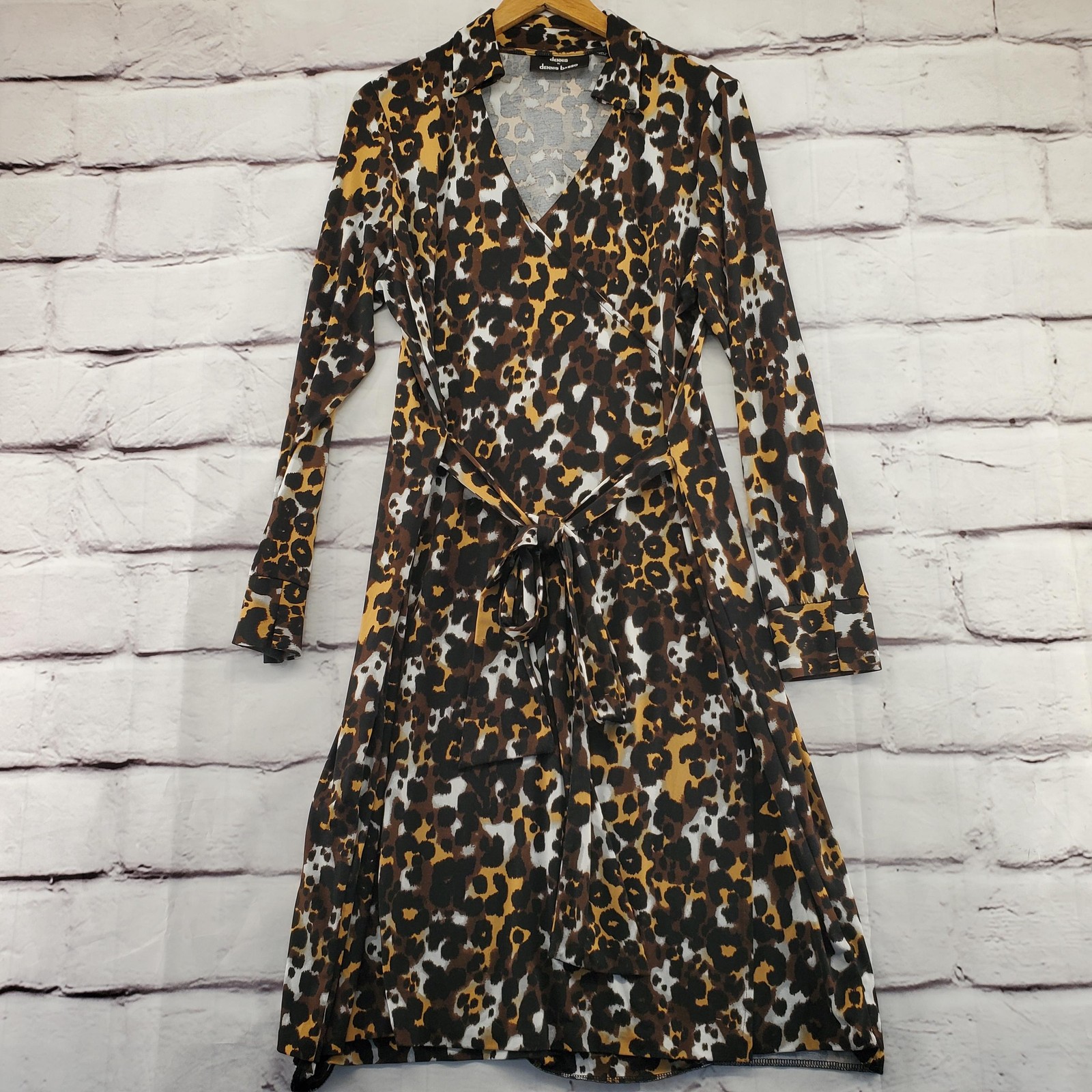 Dennis Basso Dress Womens Large Brown Leopard Print Wrap Long Sleeve Jersey