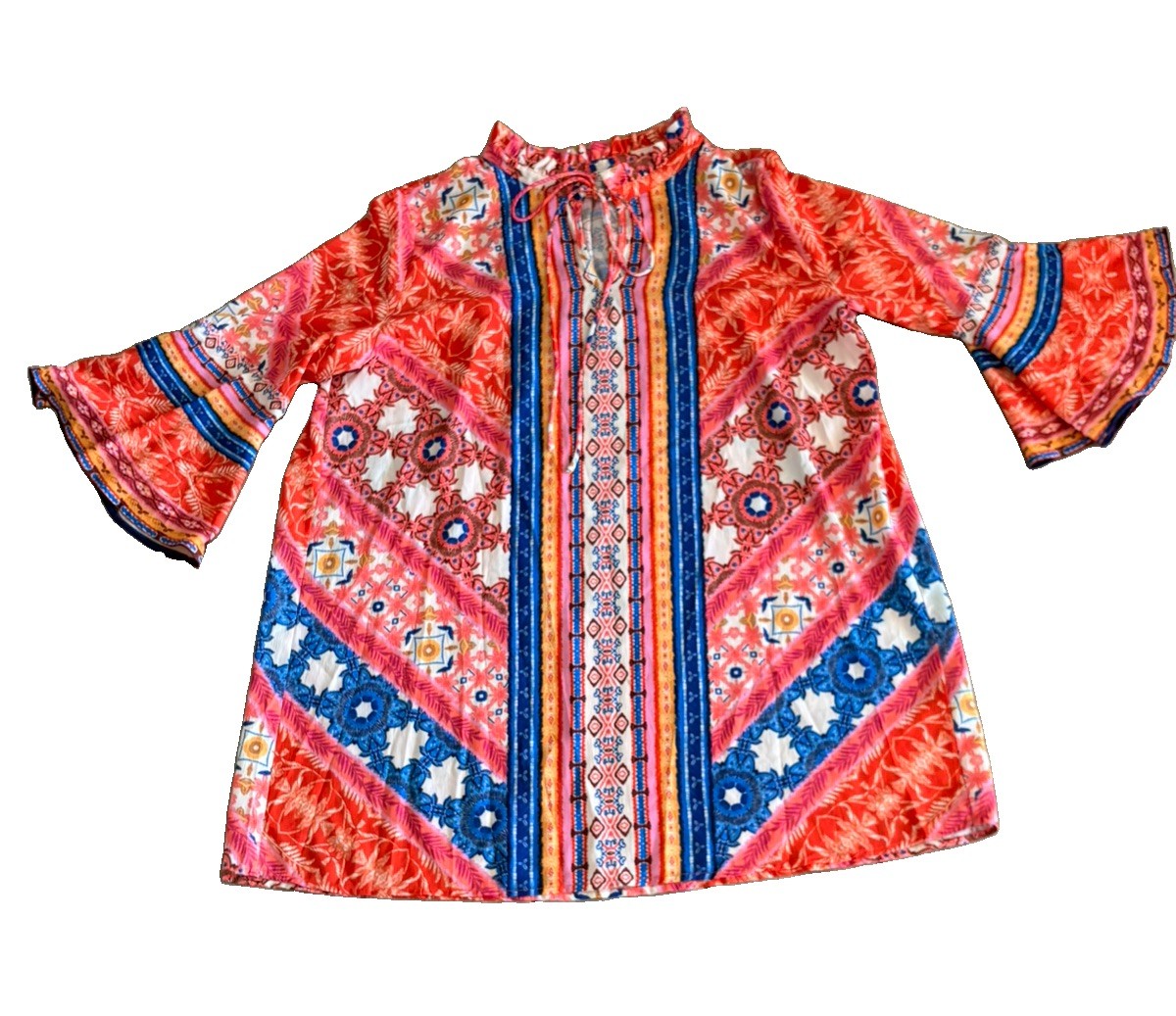 Umgee Orange Multicolor Bohemian Peasant Bell Sleeves Dress/Tunic Keyhole Large