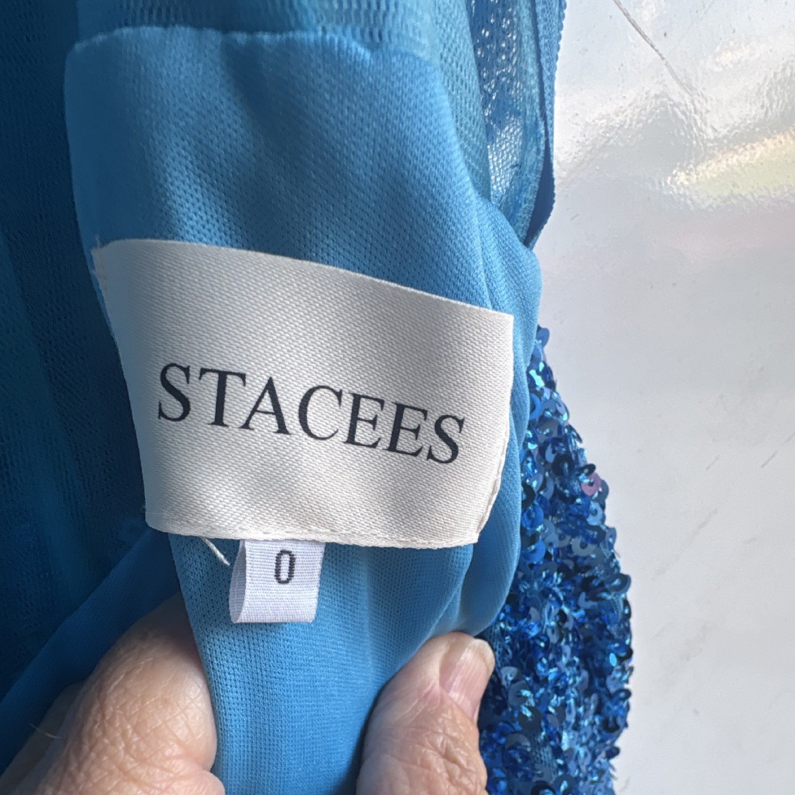 STACEES Blue Sequin Mesh Sweetheart Strappy Bodycon Mini Dress Womens Size 0