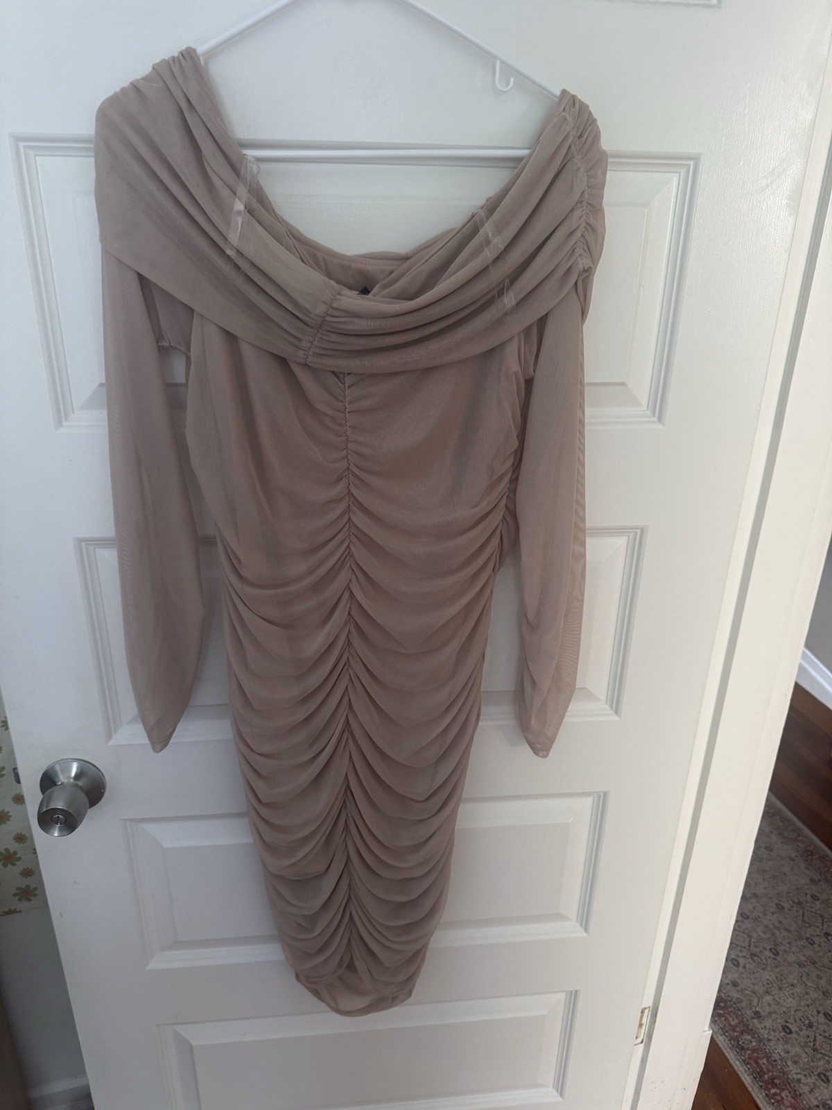 Express Beige Off Shoulder Ruched Mesh Bodycon Midi Long Sleeve Dress XL