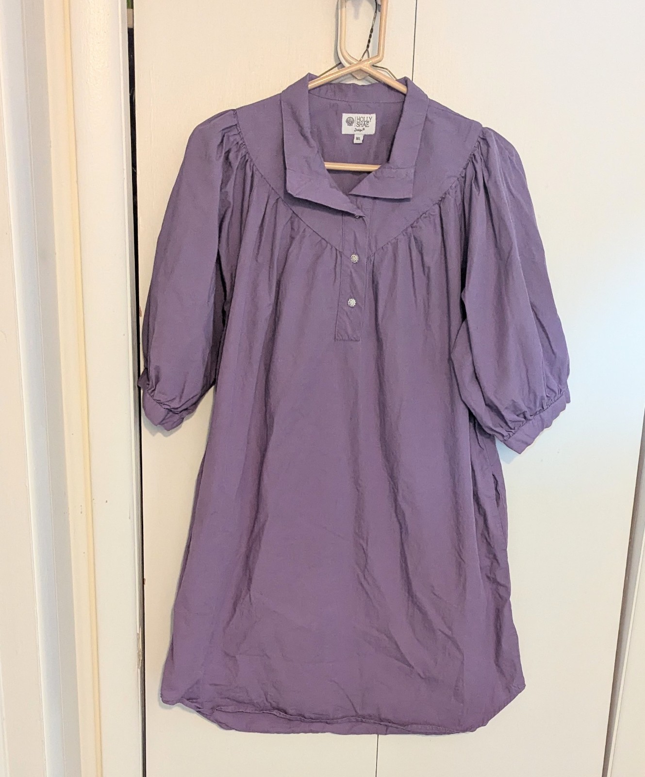 Holly Shae Designs Baby Doll Dress Size M/L Lavender Purple Puff Sleeves Cotton