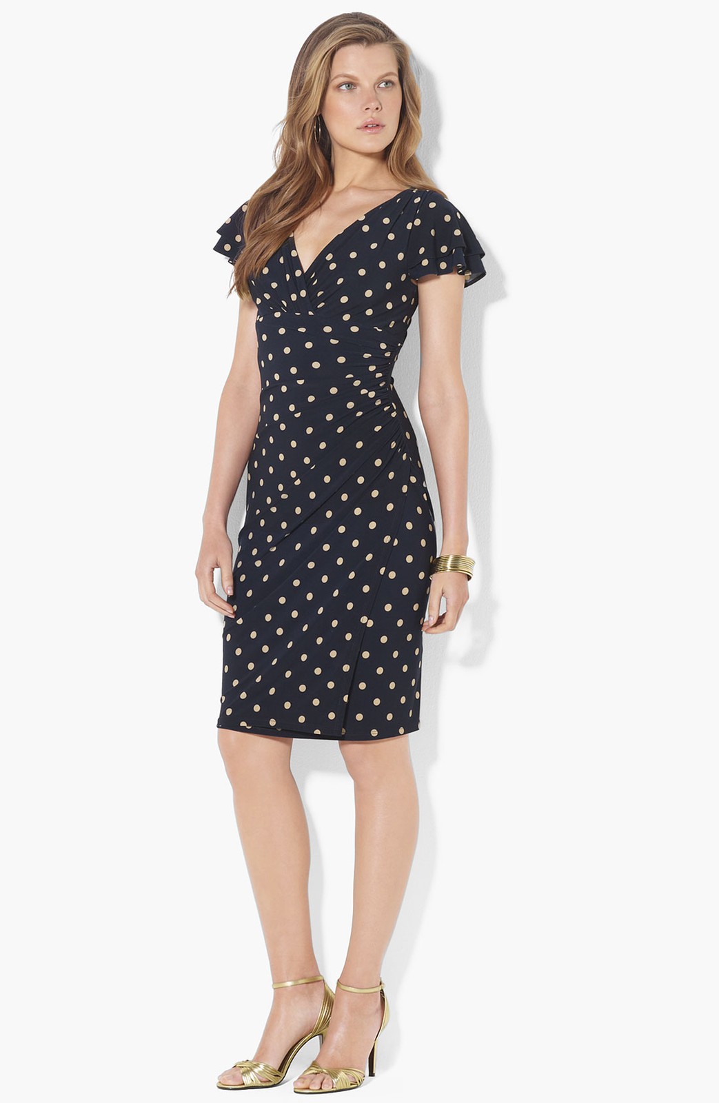 LAUREN Ralph Lauren Polka Dot V-neck Flutter Sleeve Ruched Sheath Dress, 0 Navy
