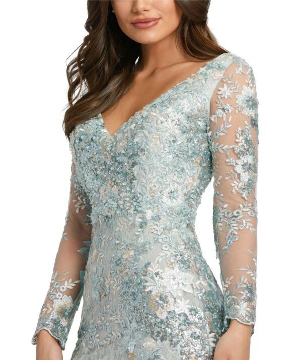 Mac Duggal Floral Embellished V-Neck Illusion Long Sleeve Gown 67539 Seamist 18