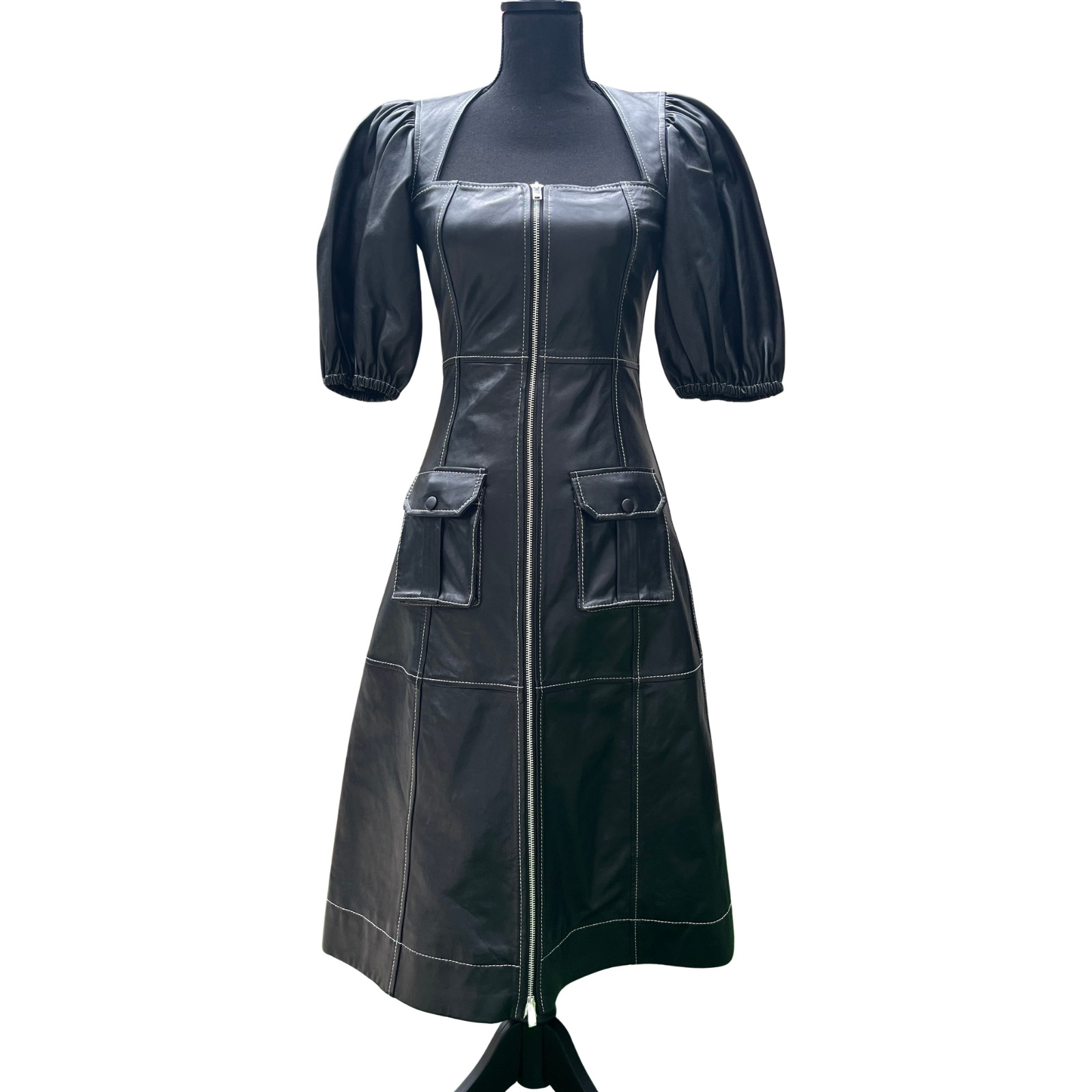 Ganni A Line Dress Size 34 Black Puff Sleeve Lamb Leather Midi Zip Front Runway