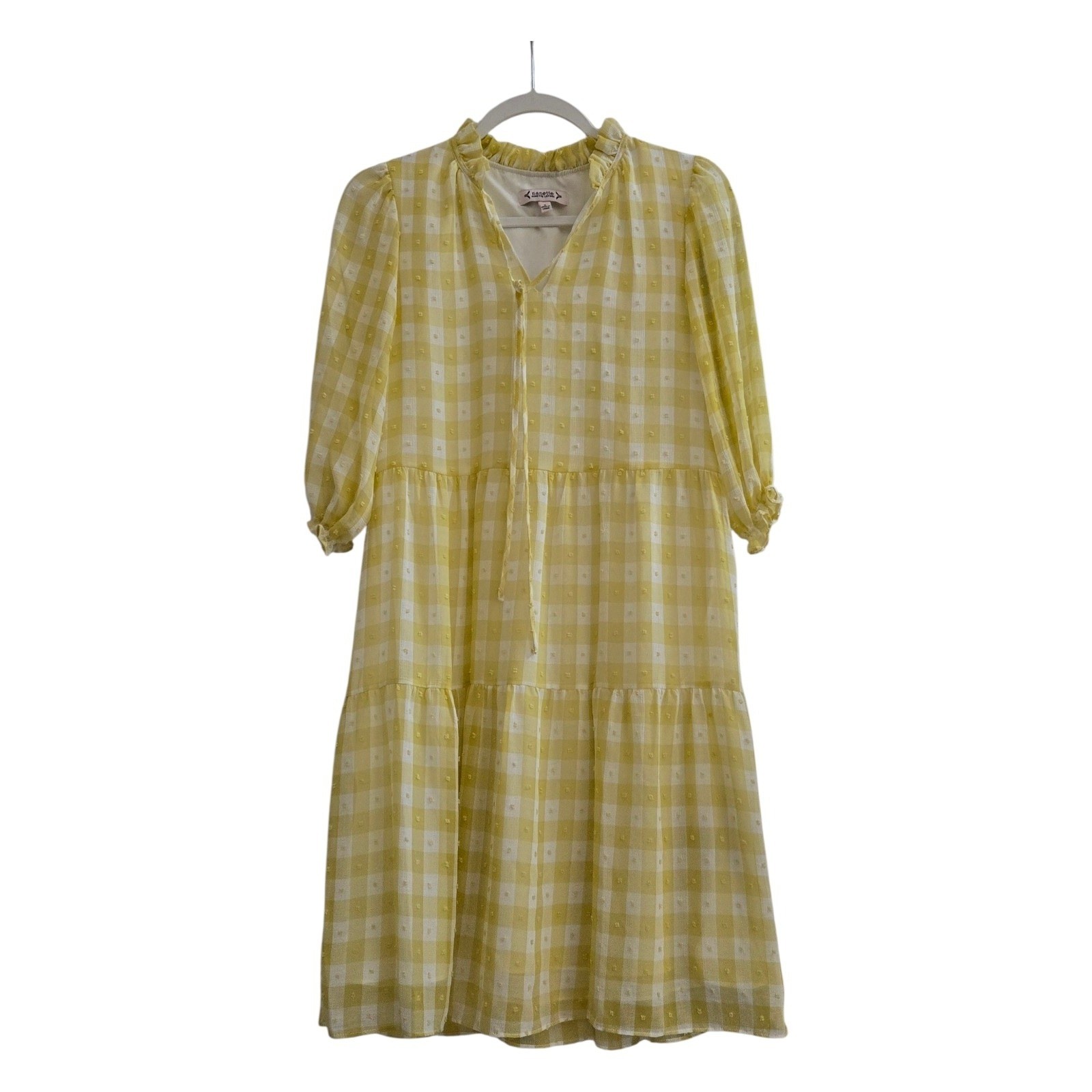 Nanette Lepore Yellow Gingham Clip Dot Tiered Midi Dress Womens Size 2