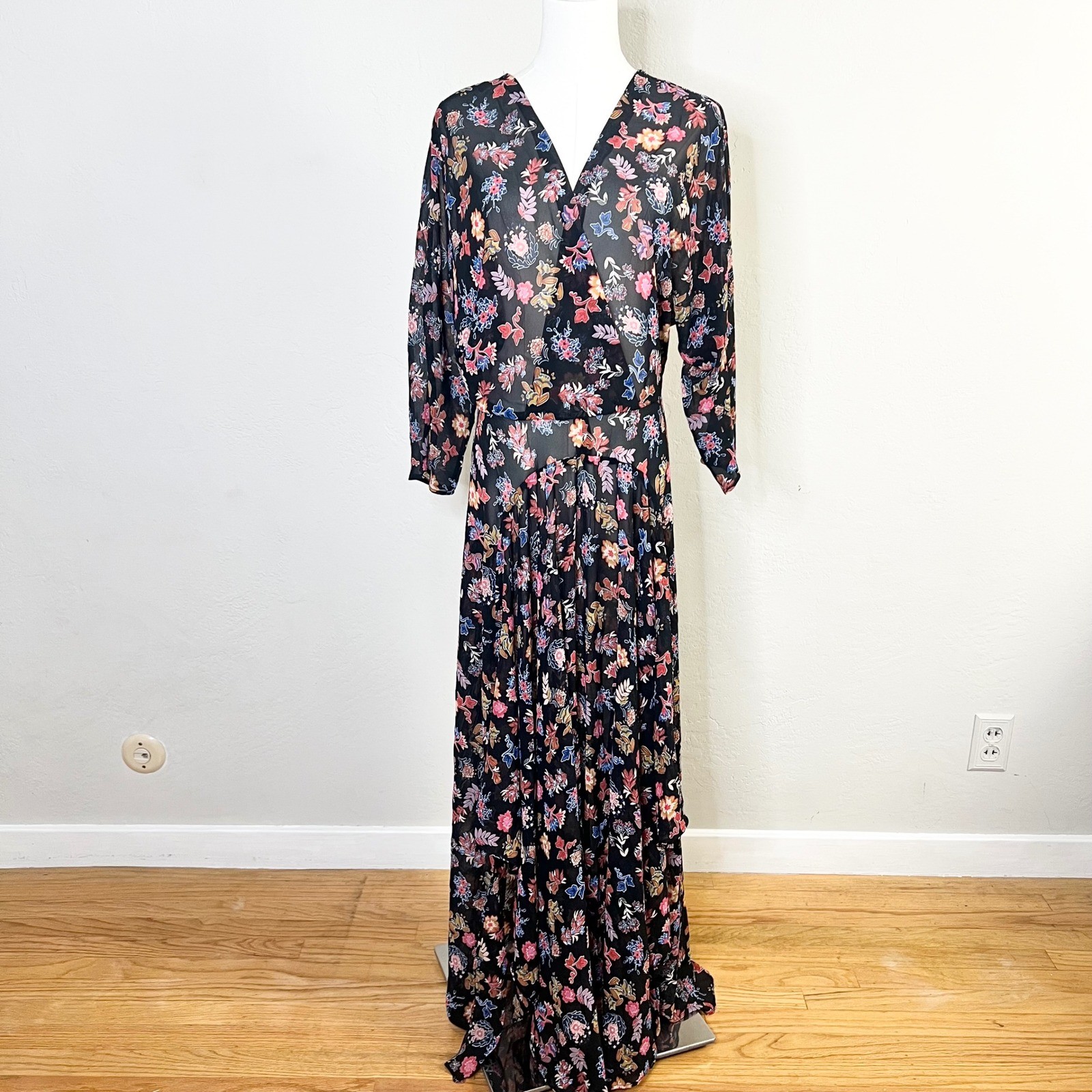 Anthropologie HD in Paris Maxi Dress Floral Sz 12 Black Sheer V-Neck Long Sleeve