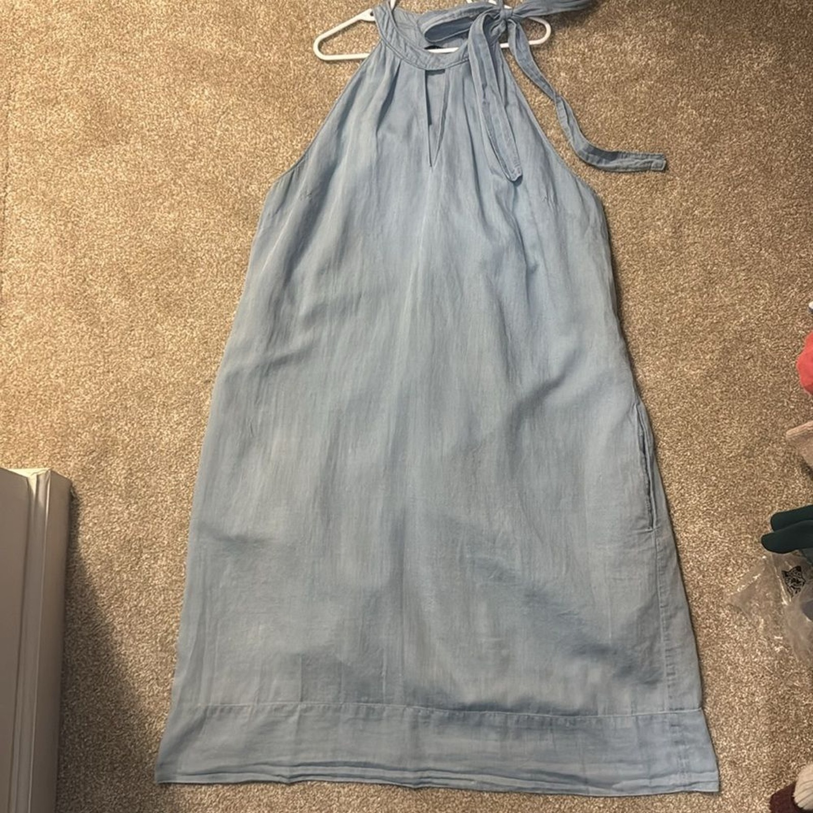 J Brand Esme Sleeveless Graceful Light Blue Denim Chambray Neck Tie Dress M