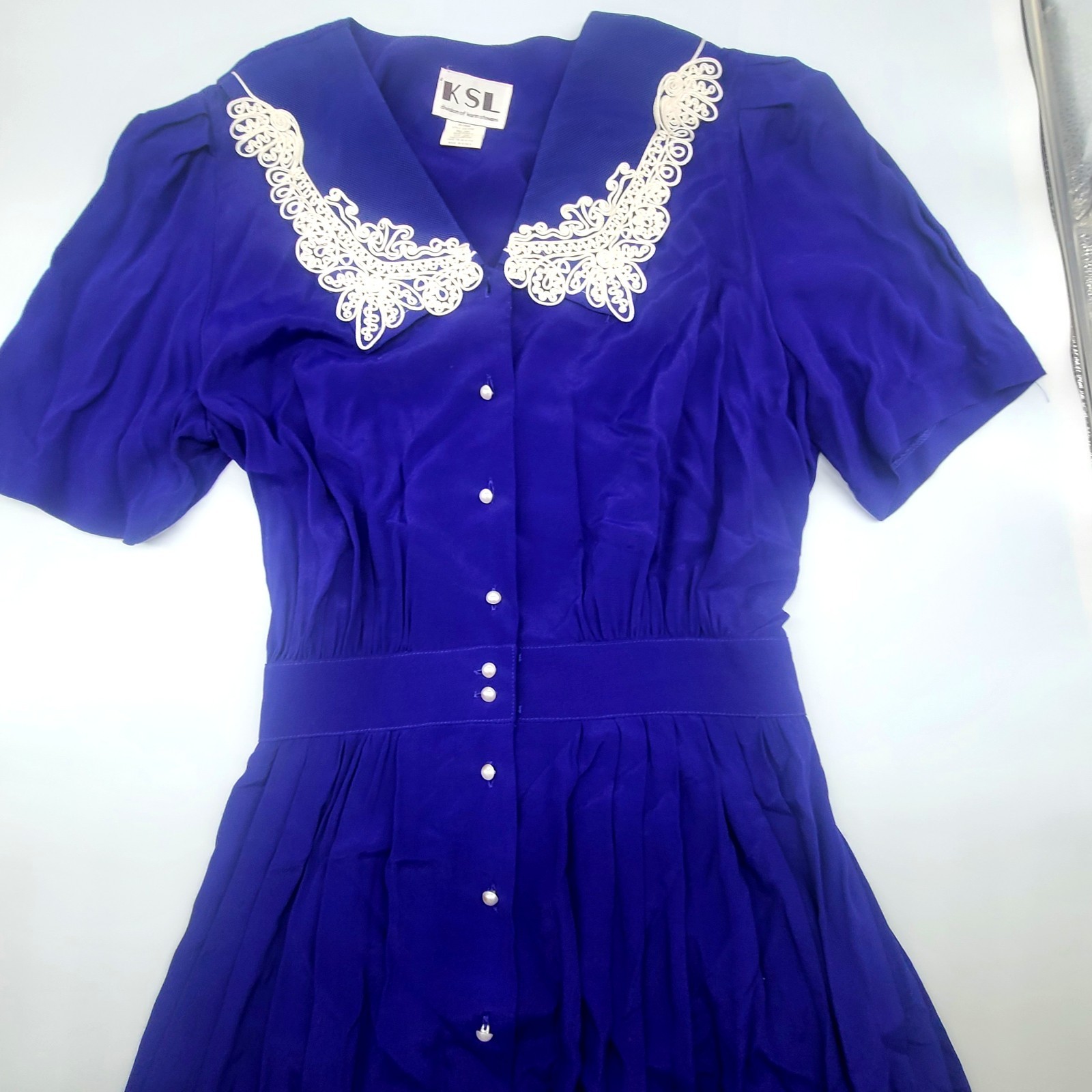 KSL Karin Stevens Purple Midi Dress 16W Lace Collar Pearl Buttons Cottagecore