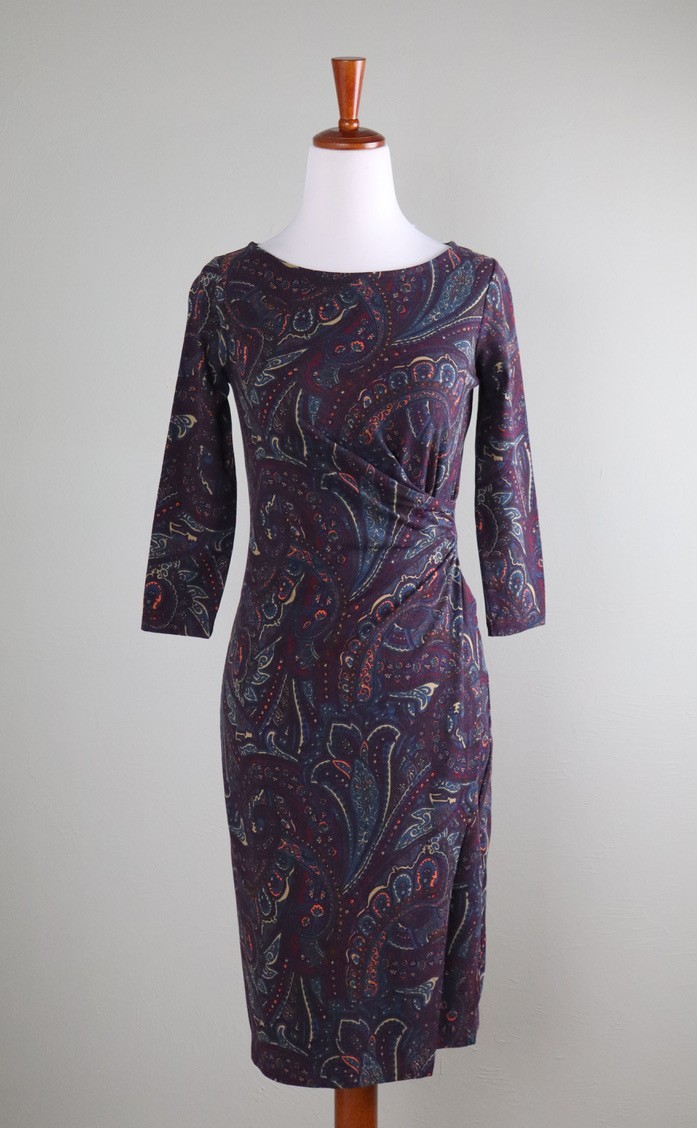 TALBOTS NWT $119 Stretch Paisley Print Shirred Side Faux Wrap Dress Size Petite