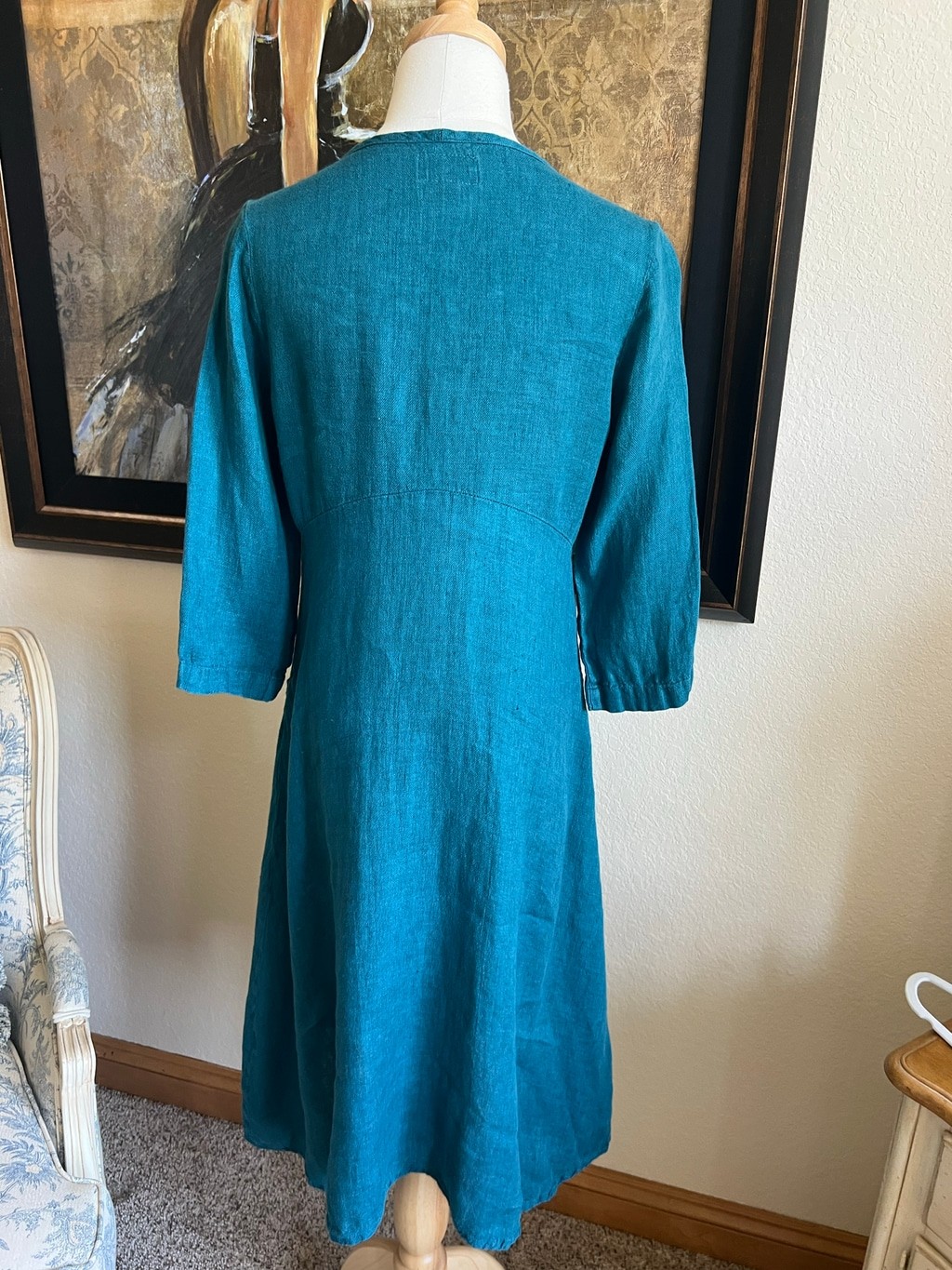 Dressed in FLAX Midi Dress Size SP Teal Blue Linen 100% Linen