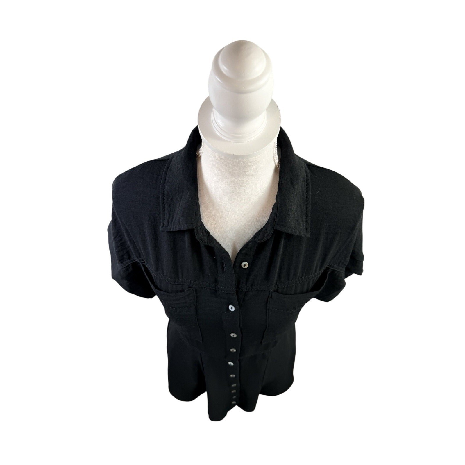 SHE + SKY Black Collared Short Sleeve Button Shirt Dress Size L