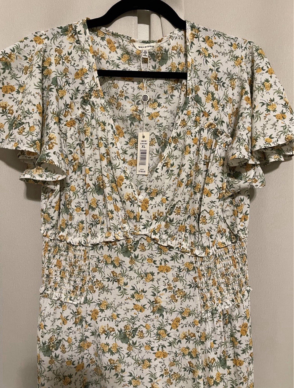 Max Studio V-Neck Floral Maxi Dress XL White Yellow Green Smocked Ruffle