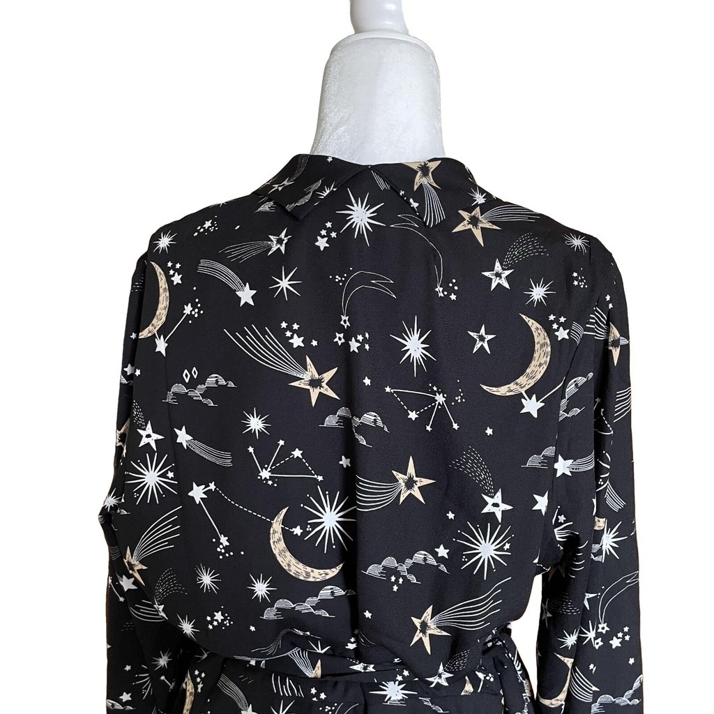 Joanie Babs Celestial Retro Black Moon Star Vneck Long Sleeve Midi Dress Sz 14