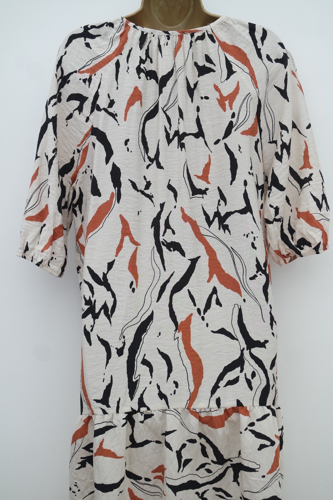 PEACOCKS CREAM BLACK TAN PRINT SWING PUFF SLEEVE SUN DRESS SIZE 16