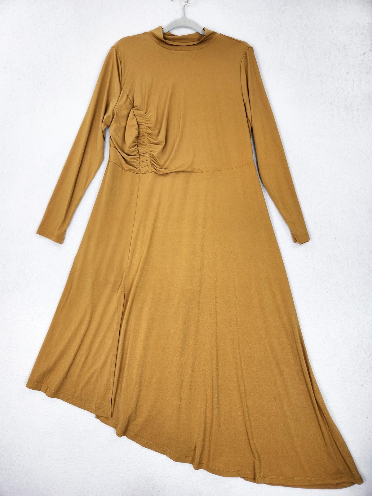 Eloquii Dress Womens 14 Brown Jersey Ruched Maxi Long Sleeve Mock Neck NEW