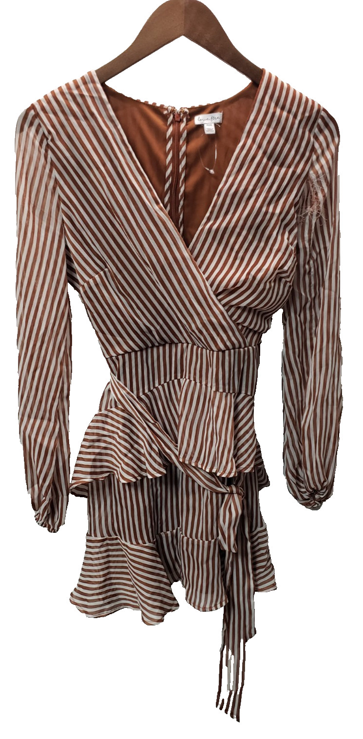 Love Fire Women’s Tiered Wrap V Neck Long Sleeve Stripe Mini Dress,M *DEFECTIVE*