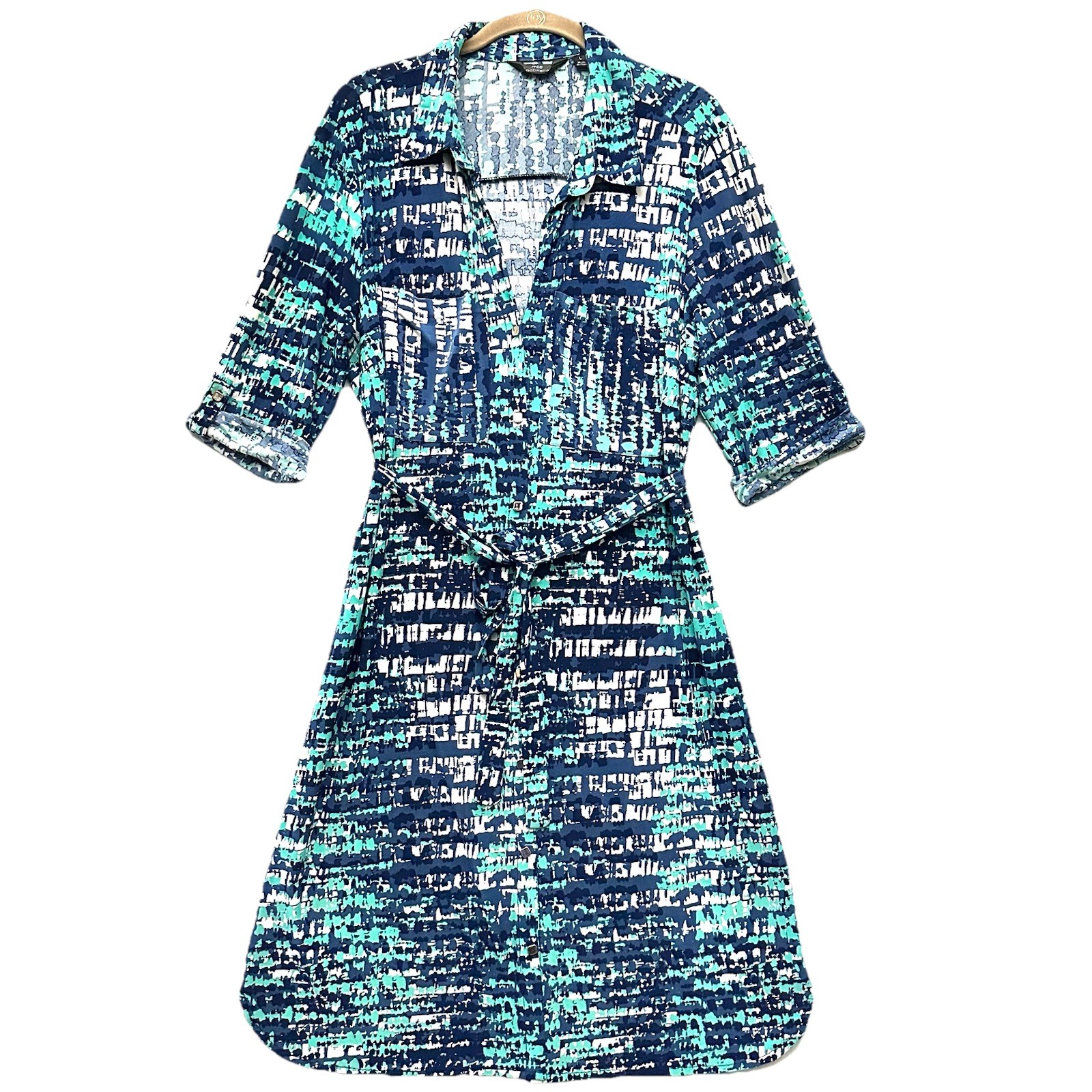 Mlle Gabrielle Shirt Dress L Large Blue Green Roll Tab Belt Collar Pockets Midi