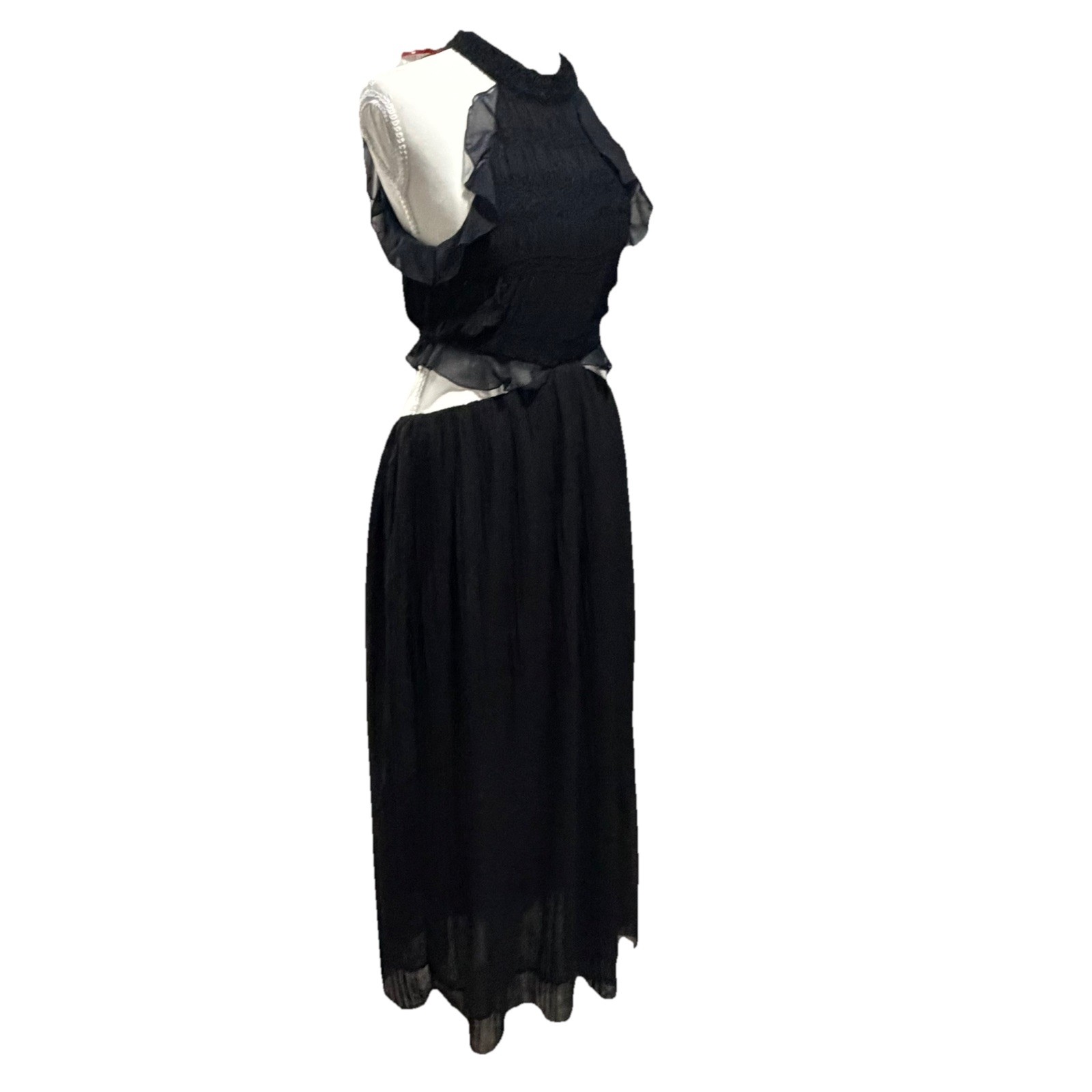 ZARA Black Dress Medium Women Maxi Cutout Sequin Ruffle Boho Elegant Chic