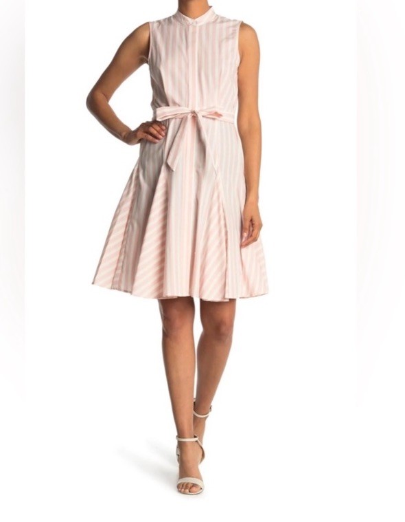 Calvin Klein Dress Women’s Size 16 Stripe Fit & Flare Waist Tie Button Down B25
