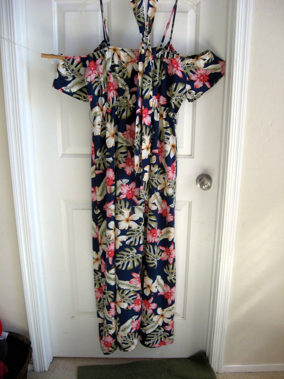Navy Pink & White Hawaiian Print Cold Shoulder Maxi Dress – Size L
