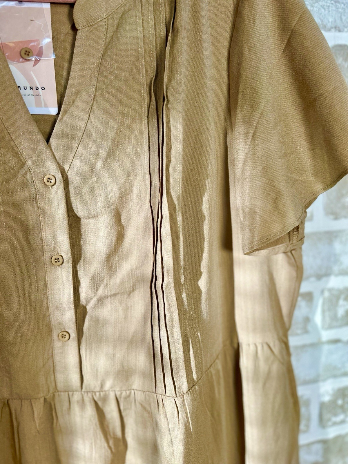 KIRUNDO Tan Solid Button-Front Midi Shirt Dress V-Neck Flutter Sleeve XL