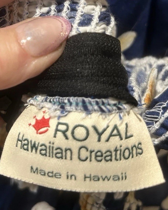 Royal Hawaiian Creations Tropical Navy Blue Dress Smocked Zipper Cotton Sz Large