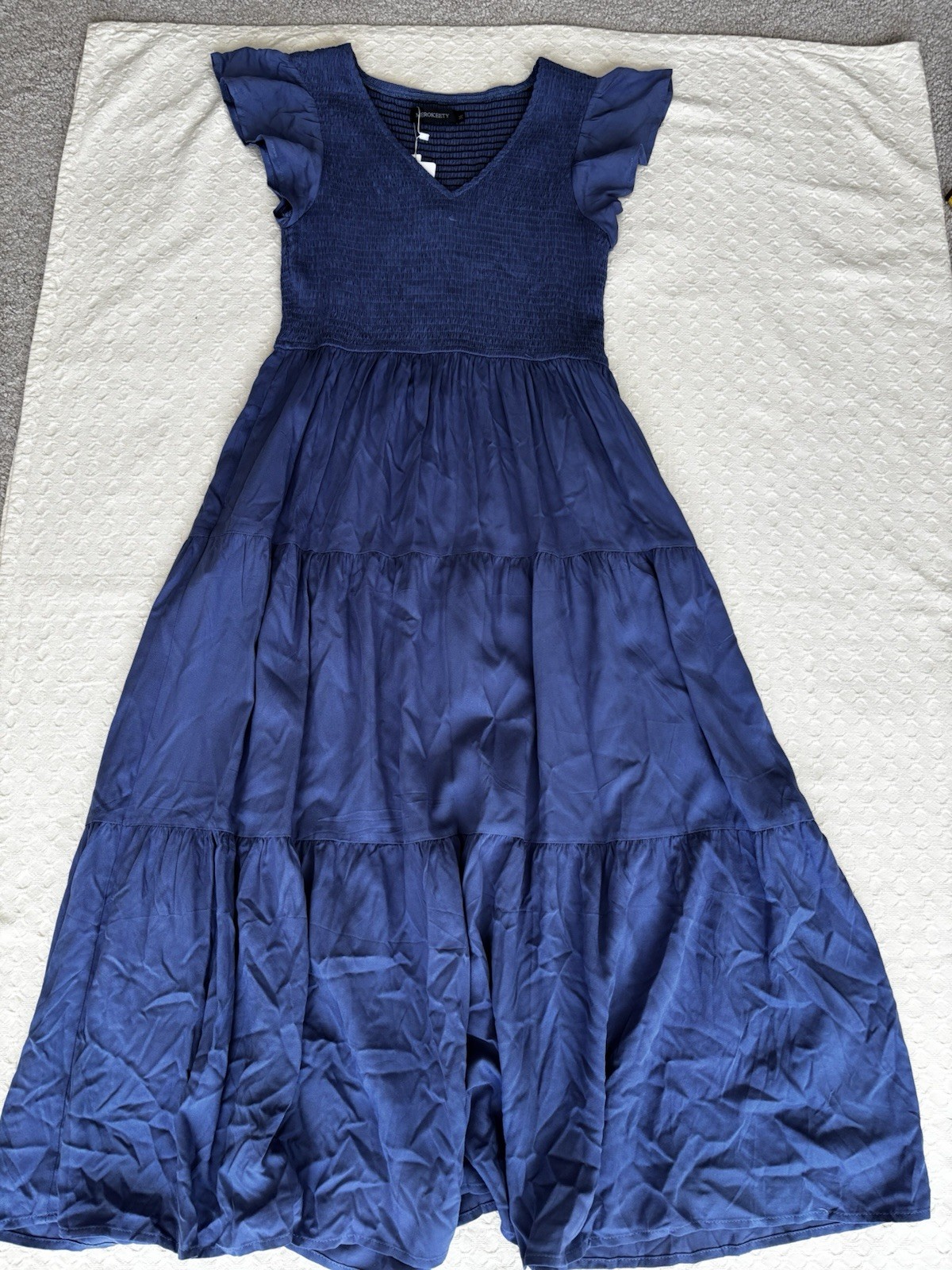 MEROKEETY Women’s Sz M Flutter Sleeve Maxi Dress Tiered Cottage/BoHo/Chic Blue
