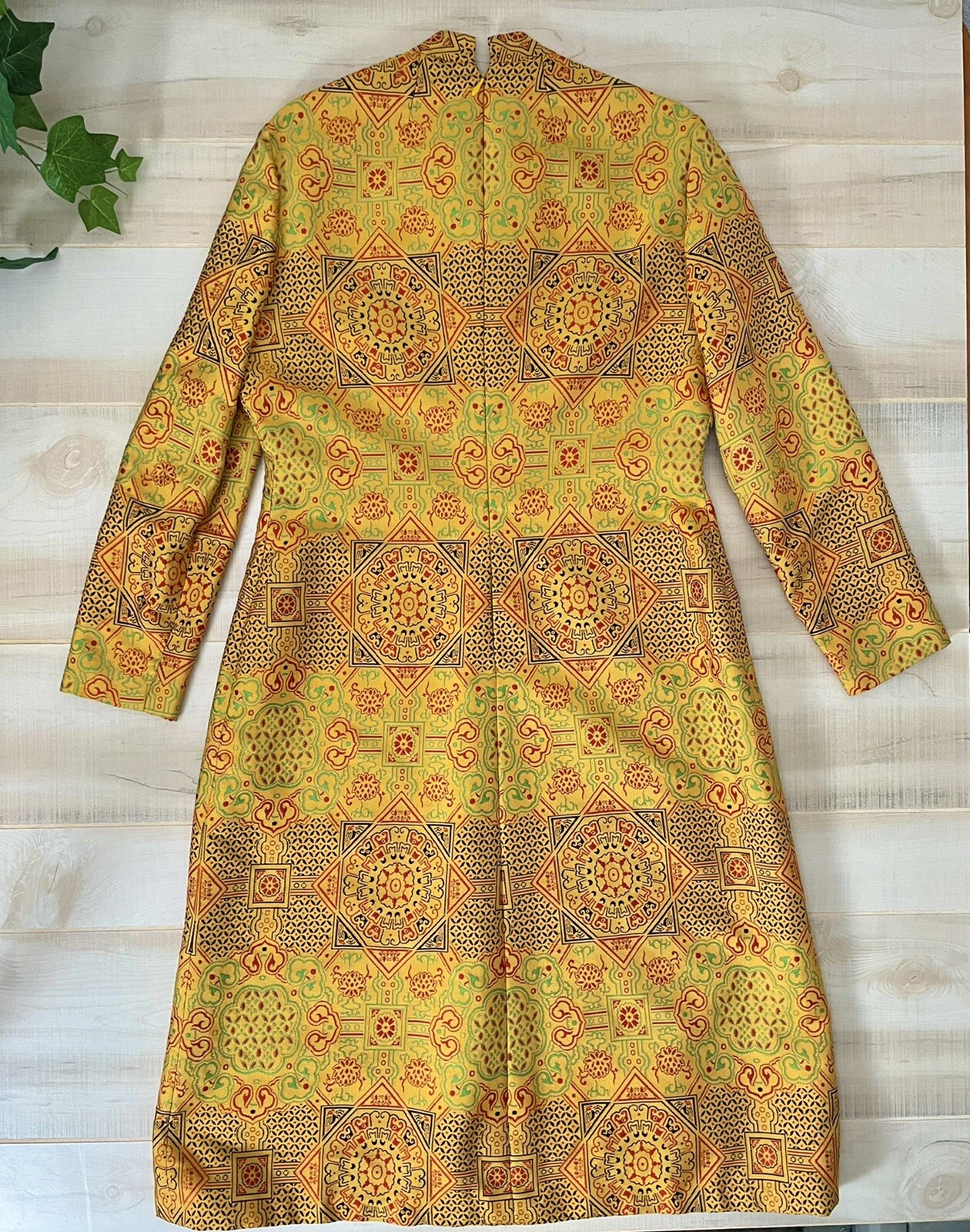 1960s ADELE SIMPSON Yellow Silk Blend Jacquard Chinese Inspired Dress VTG Rare