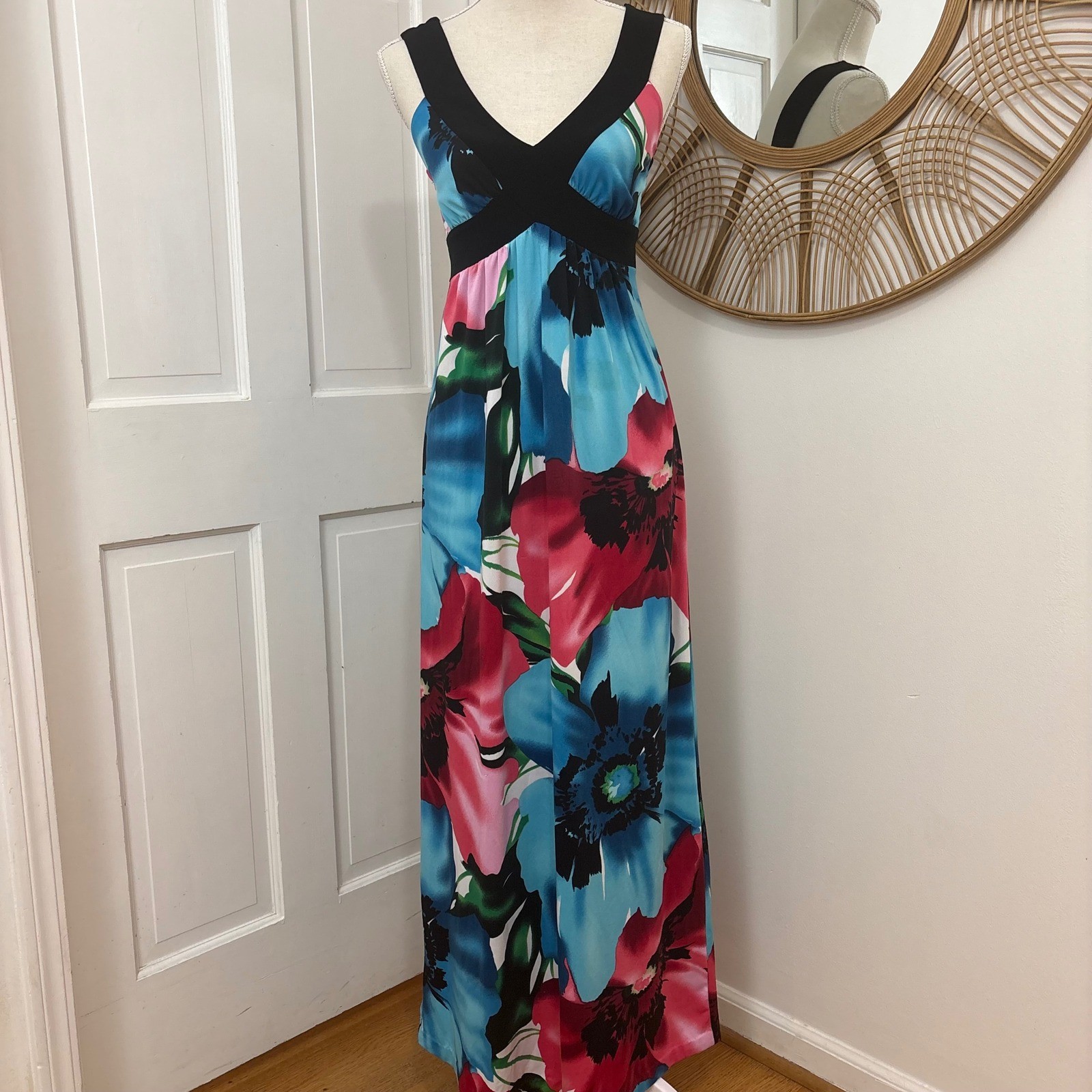 Floral Garden Maxi Dress S Blue Pink Y2K Empire Waist Boho Festival Resort