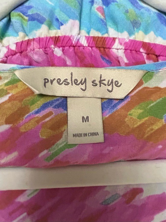 Presley & Skye Silk Pink, Blue & Mustard Abstract Faux Wrap Dress. Medium