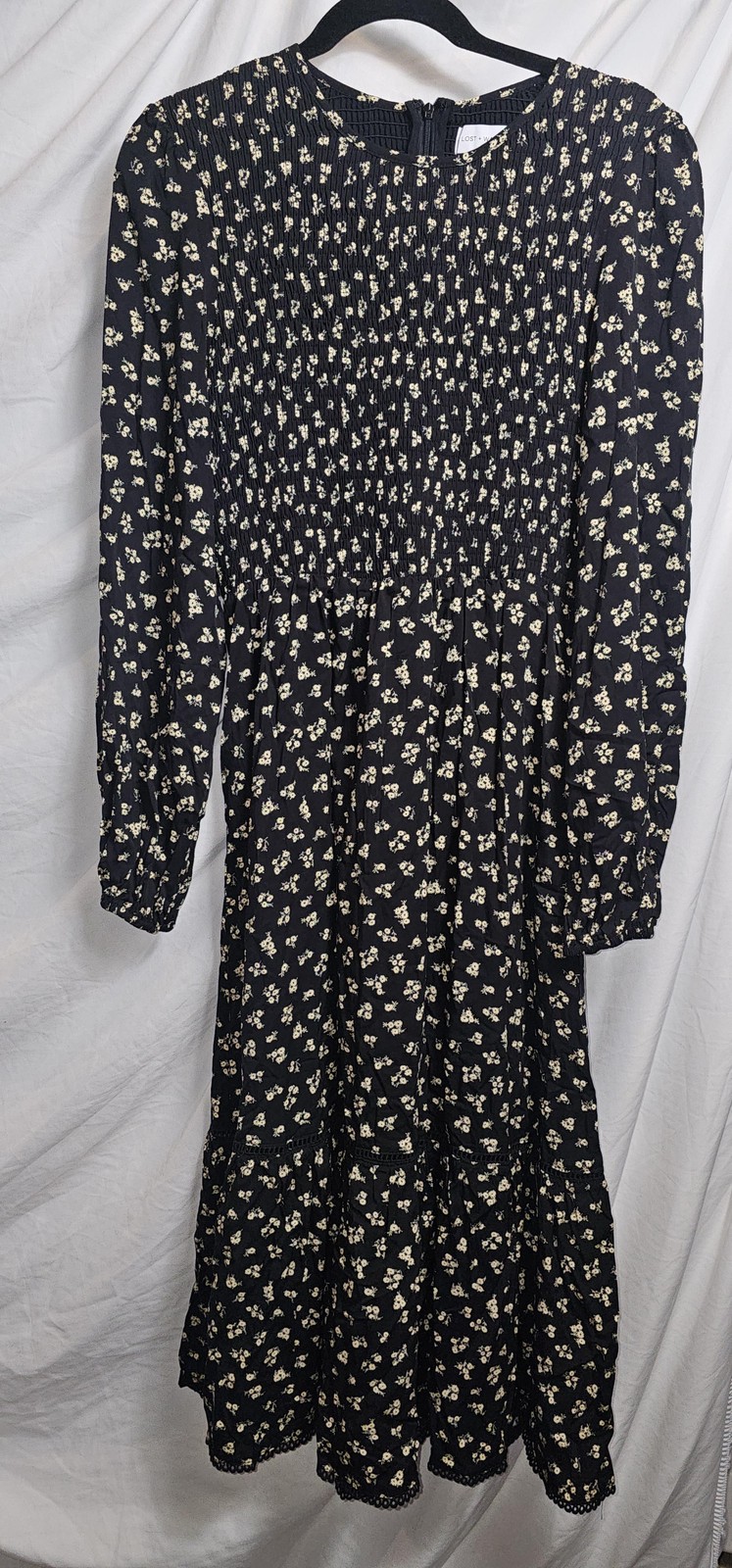 Lost + Wander Twilight DreamsDress Black Floral Smocked Long Sleeve Midi Boho S