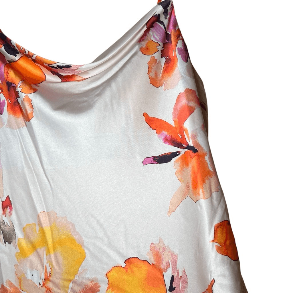 NWT Socialite Satin White Orange Floral Print Cowl Neck Midi Slip Dress XL