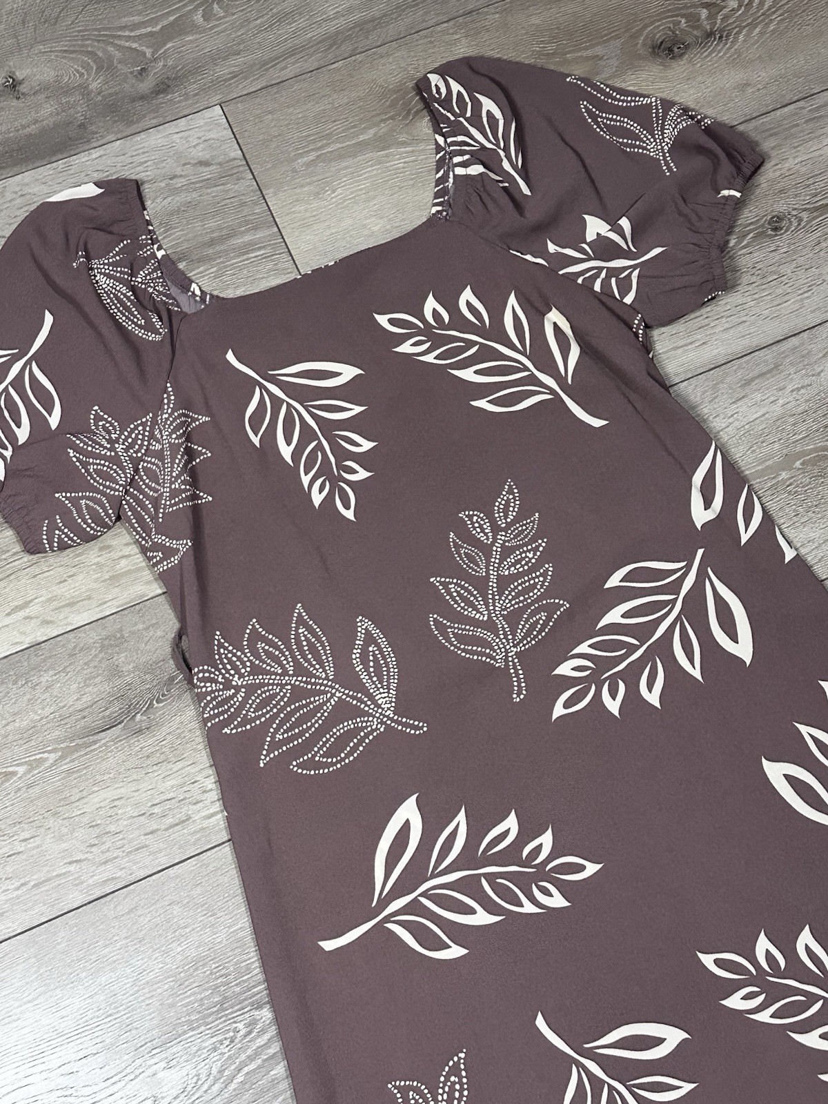 Absolutely Famous XL Square Neck Puff Sleeve Neutral Leaf Print Midi Dress Boho