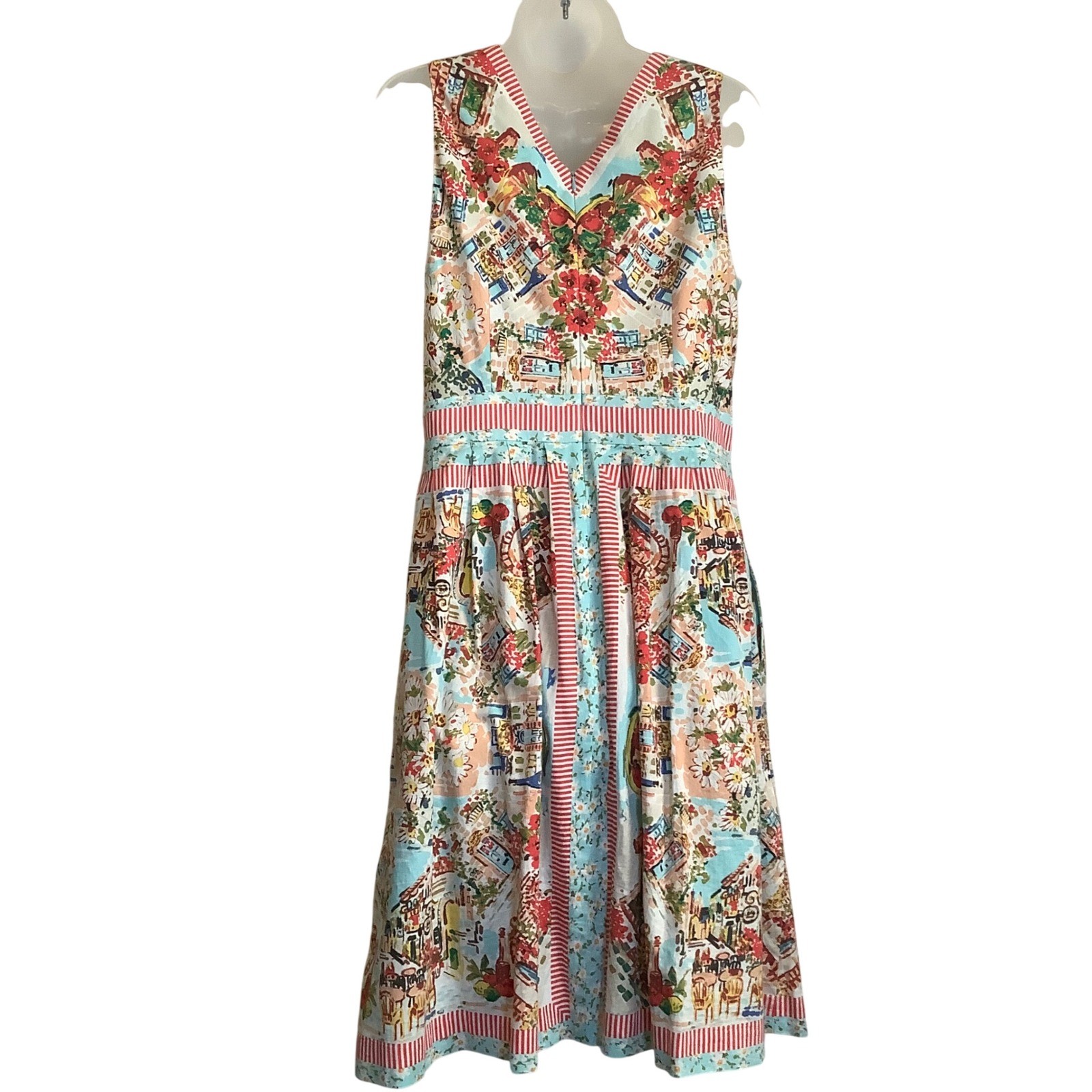 Talbots Mediterranean Cafe Novelty Print Sleeveless Cotton Dress Multi Color 10