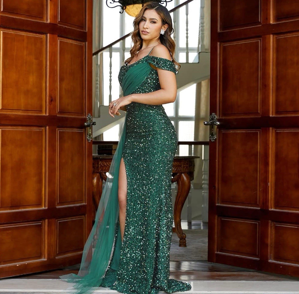 Lin Lin Q Women’s Formal Sequin Spaghetti Strap Maxi Prom Dress, Sexy Cold -L
