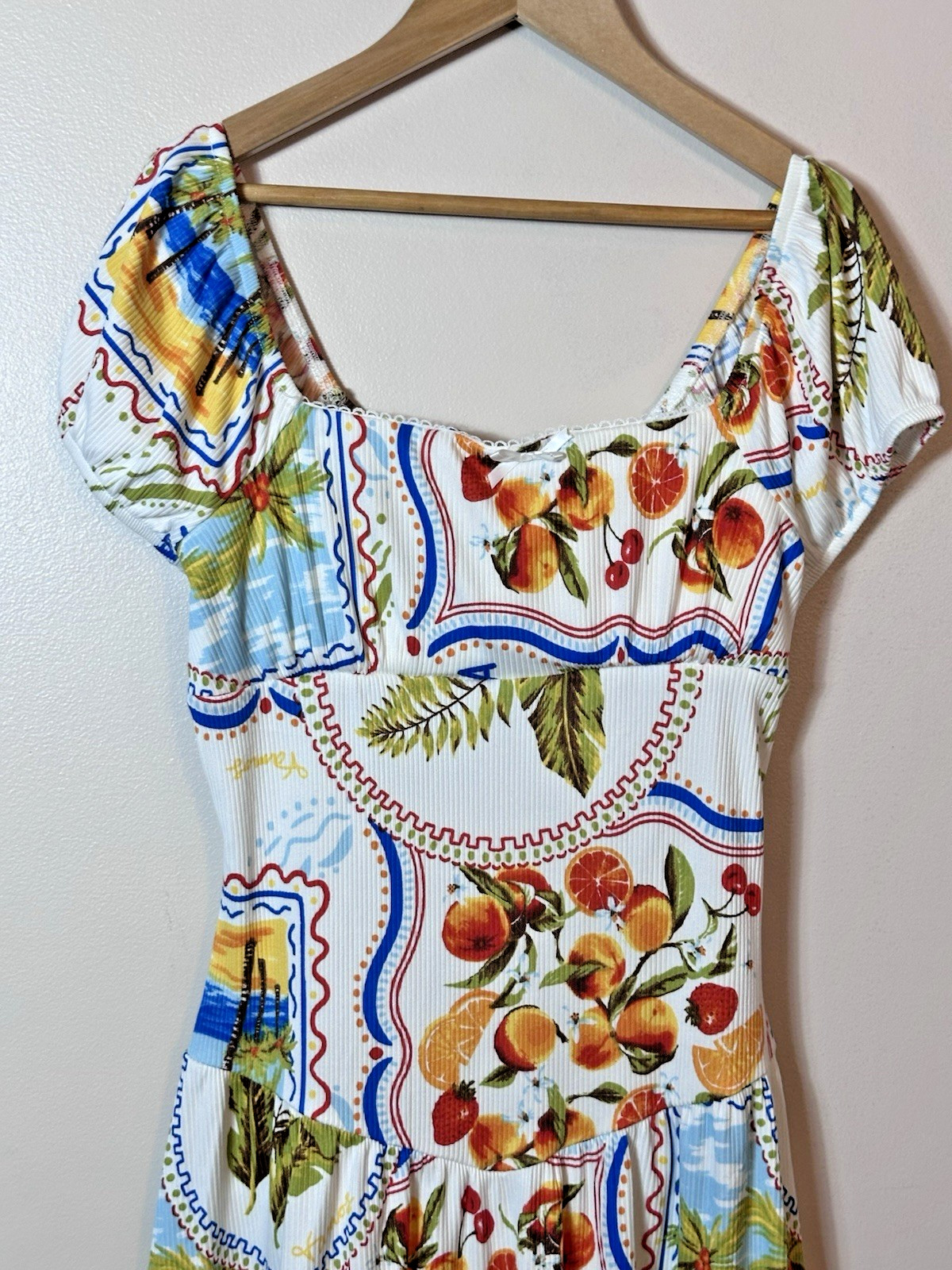 Derek Heart Dress Medium White Orange Fruit Print Fit Flare Picnic Vacation Mini