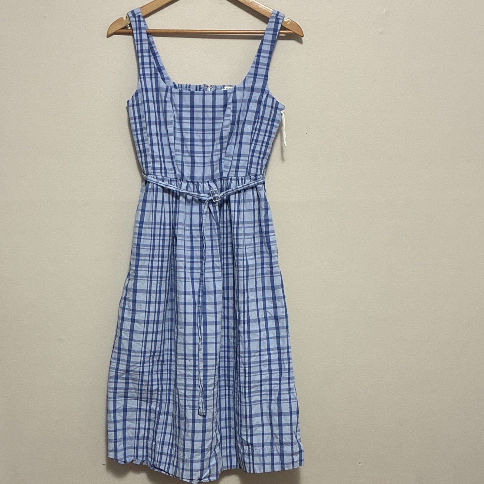 Free Assembly Blue Plaid Midi Sundress XS Square Neck Belted Pockets cotton