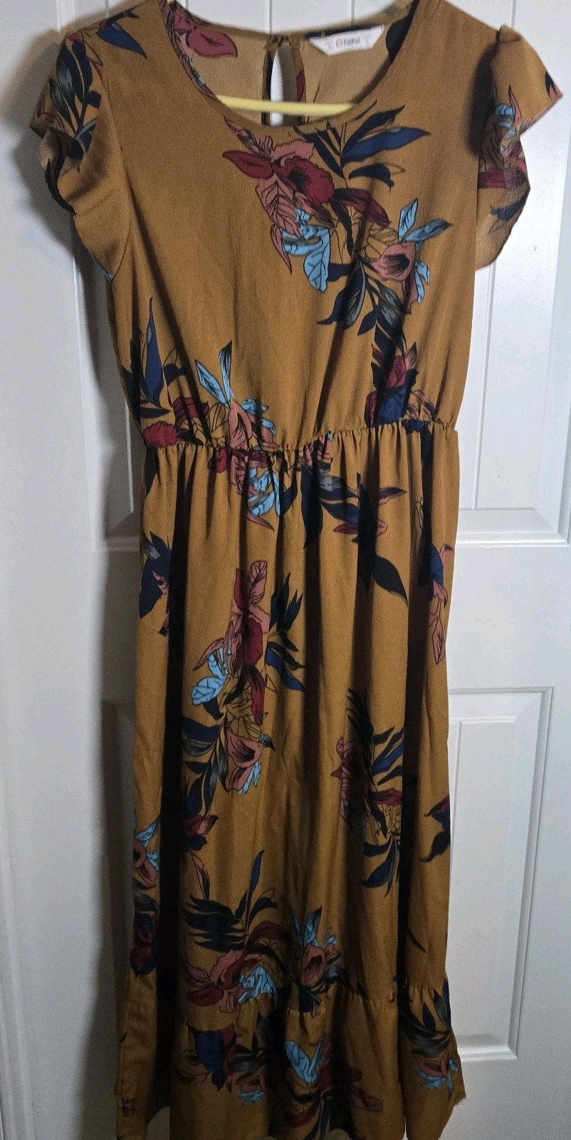 Pat Pat midi/maxi dress floral print Size L Mustard Flutter Sleeves