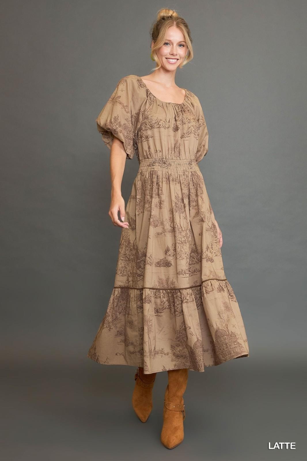 Umgee Latte Landscape Print Pleated Cotton Puff Sleeved Midi Dress