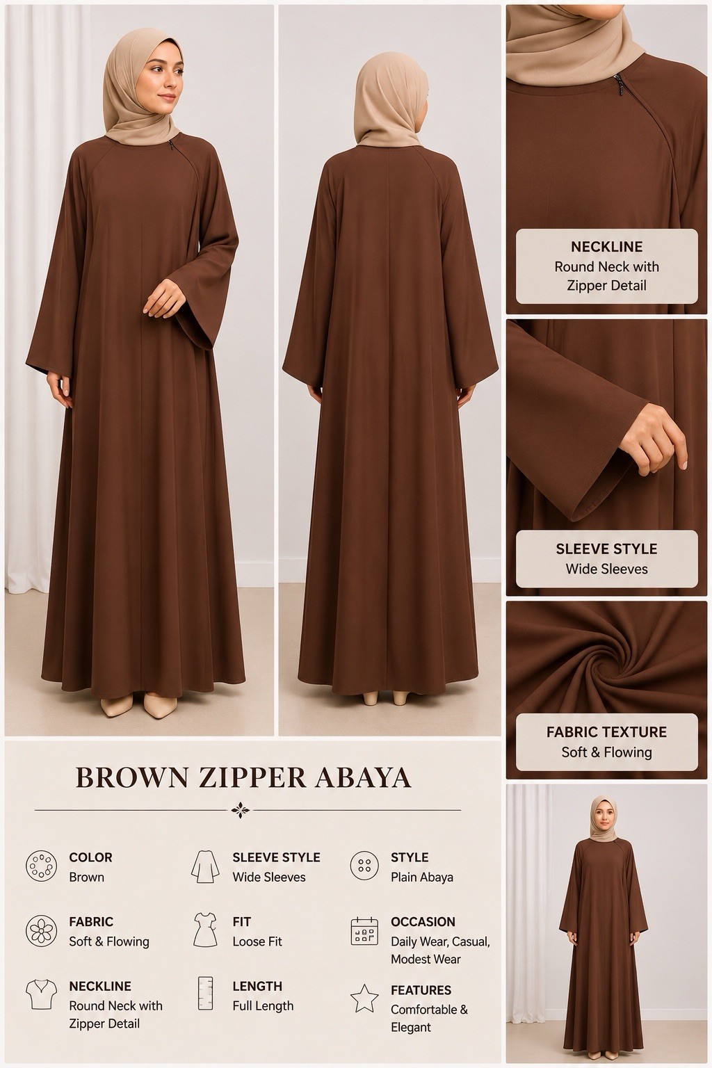 Women’s Brown Closed Abaya One Size Long Sleeve Round Neck Modest Wear