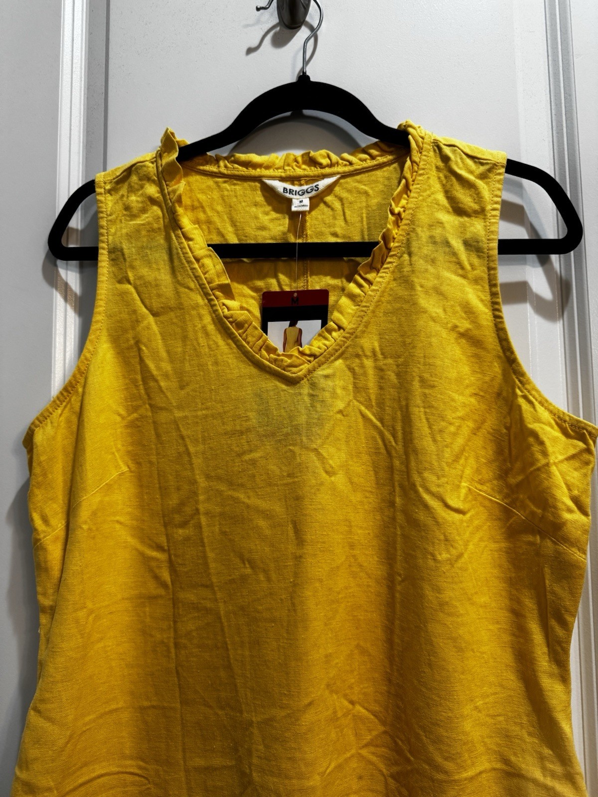 NWT Briggs Yellow Linen Blend V-neck Ruffled Sleeveless Dress Med Slide Pockets