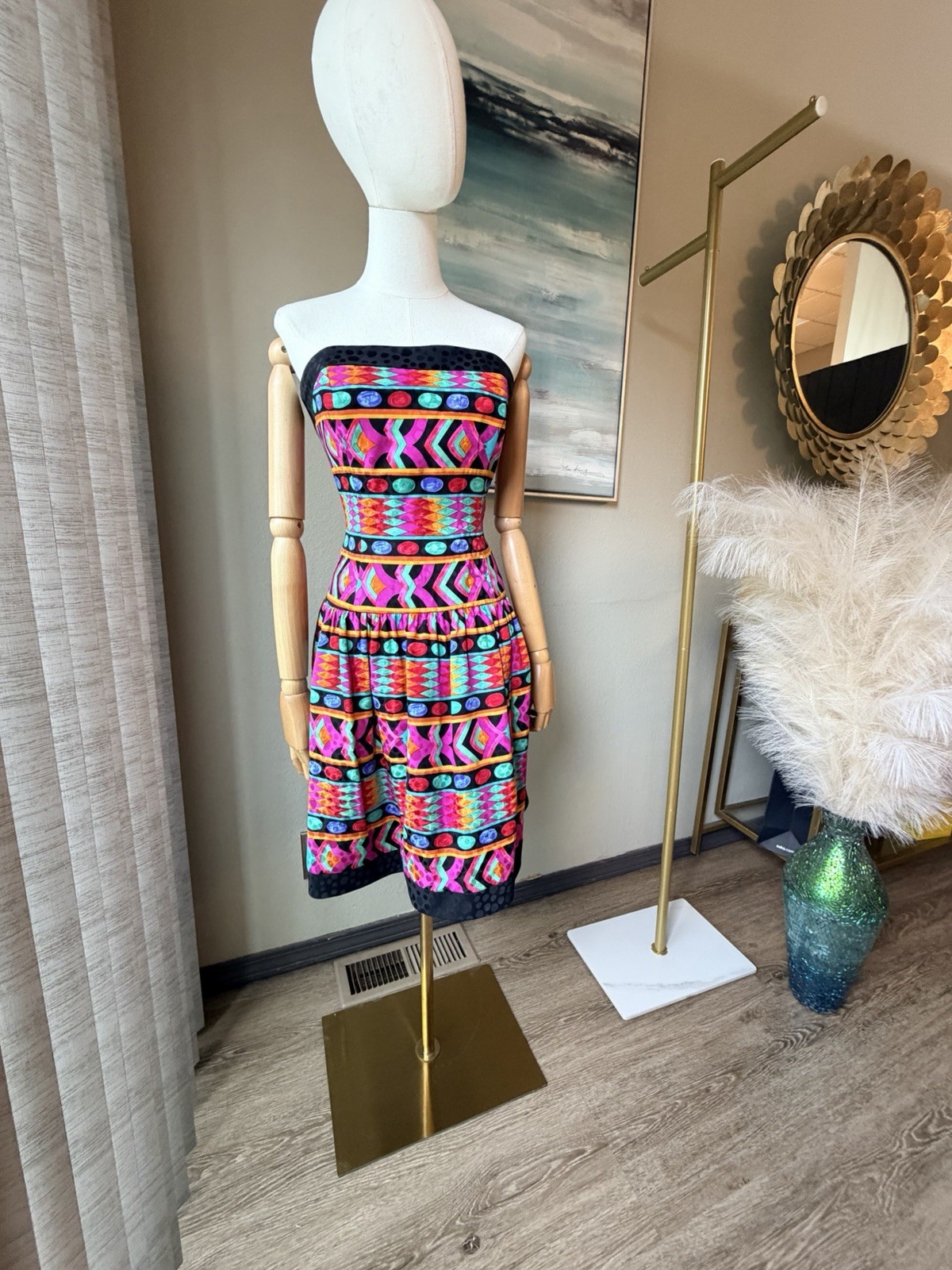 🌹 A.J. Bari Multicolor Silk Geometric Fit & Flare Strapless Knee Dress Size 12