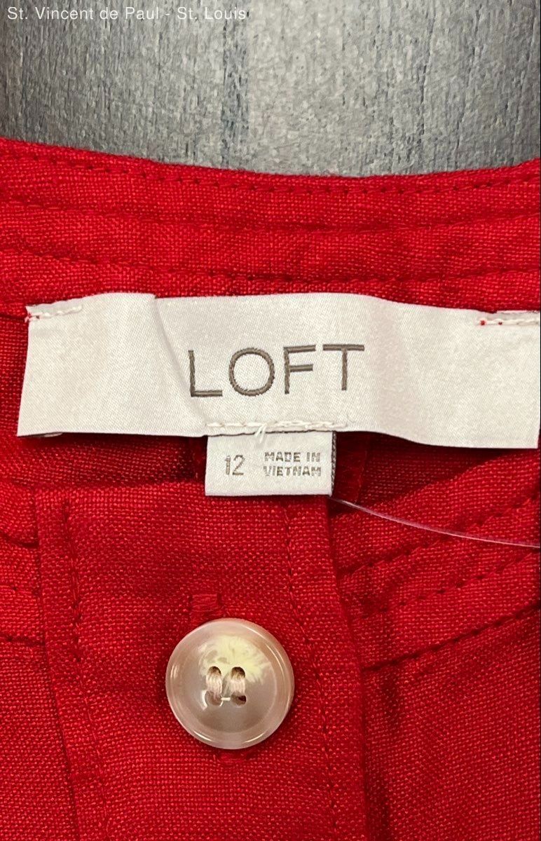 Loft Womens Mini Dress Red Button Front Sleeveless Linen Blend Pockets Size 12