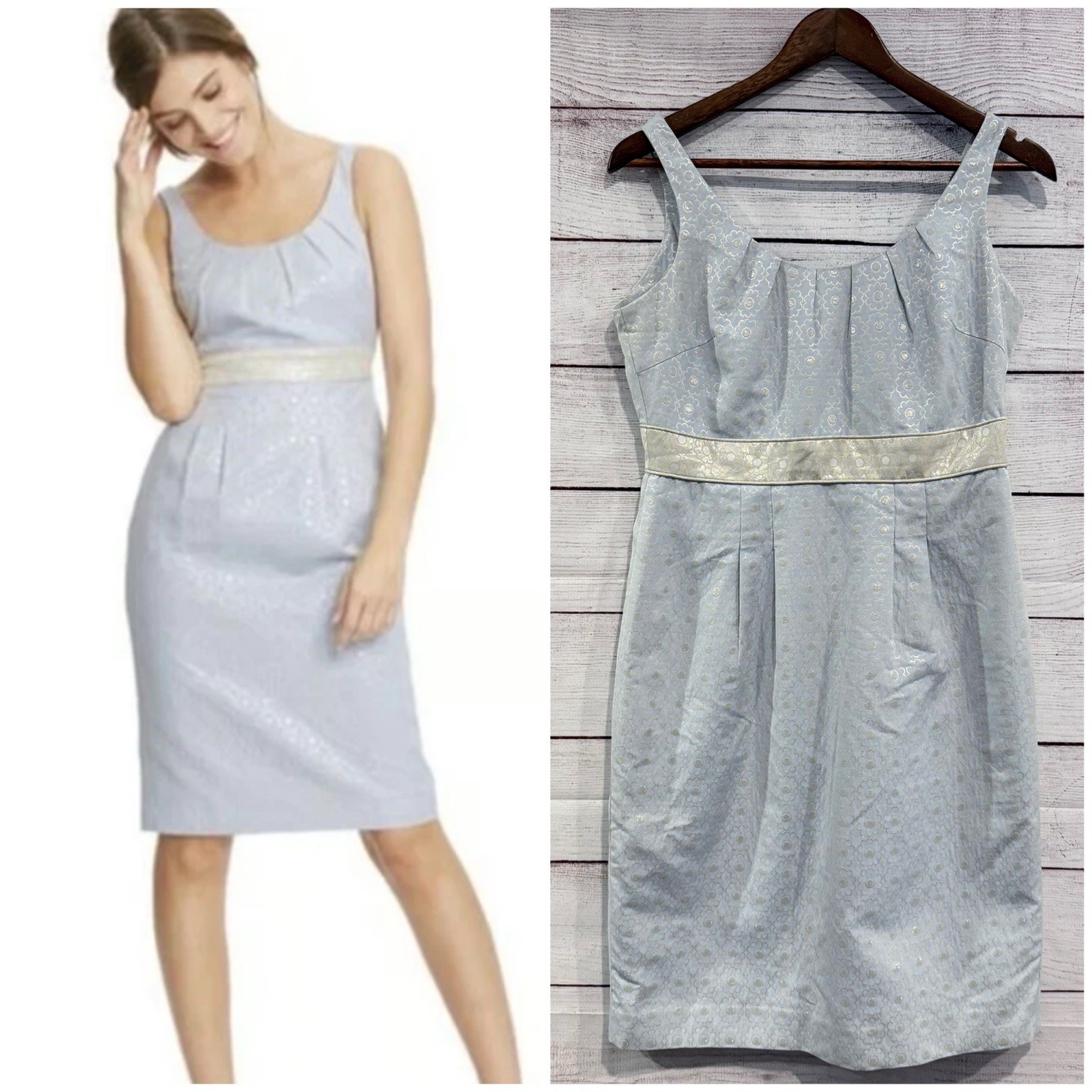 Boden Empire Waist Light Blue Silver Floral Dress Lined Size US 6 Cocktail