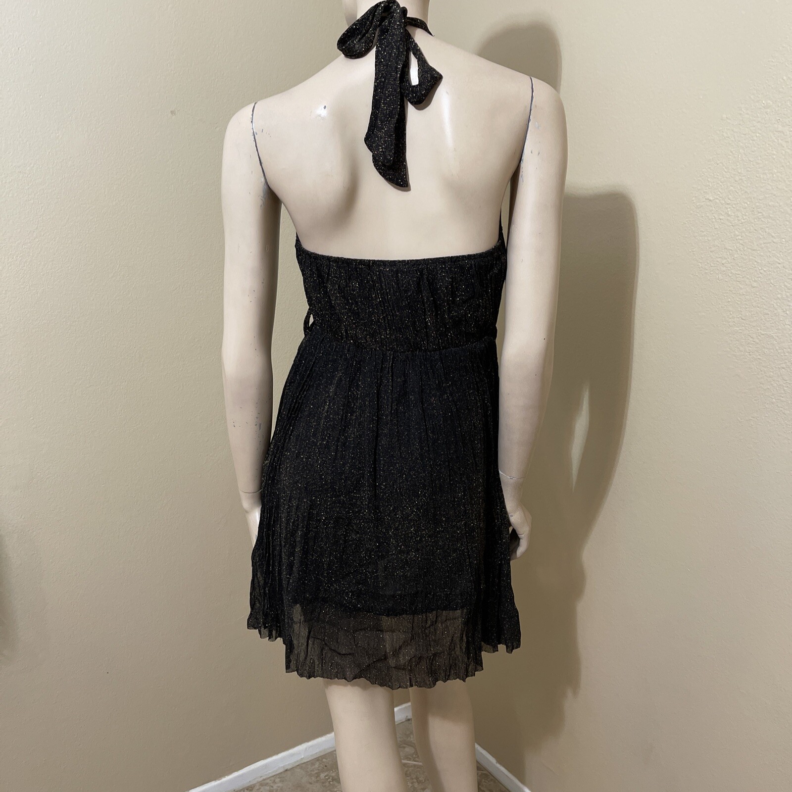 Women’s Black Polyester Cocktail Layered Pleated Open On Tie Midi Size S Dress
