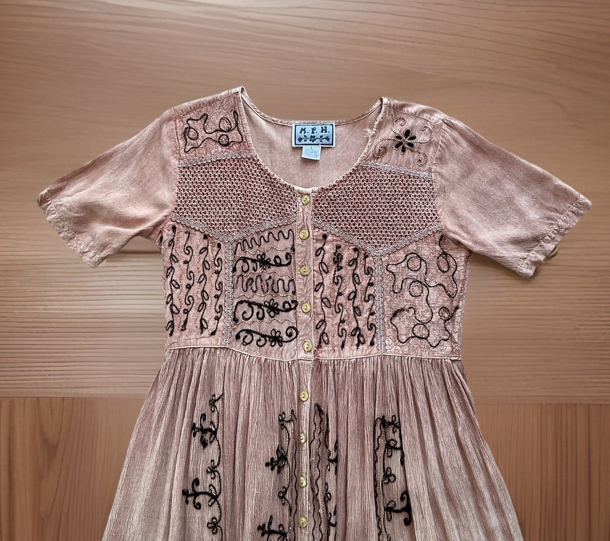 M.P.H Womens L Boho Brown Floral Embroidered Button Up Fit & Flare Pleated Dress