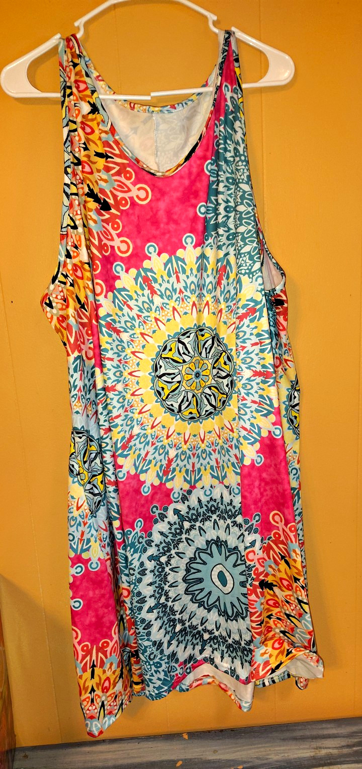 Women’s Plus 5XL Sleeveless Scoop Neck Mandala Shift Knit Stretch Dress