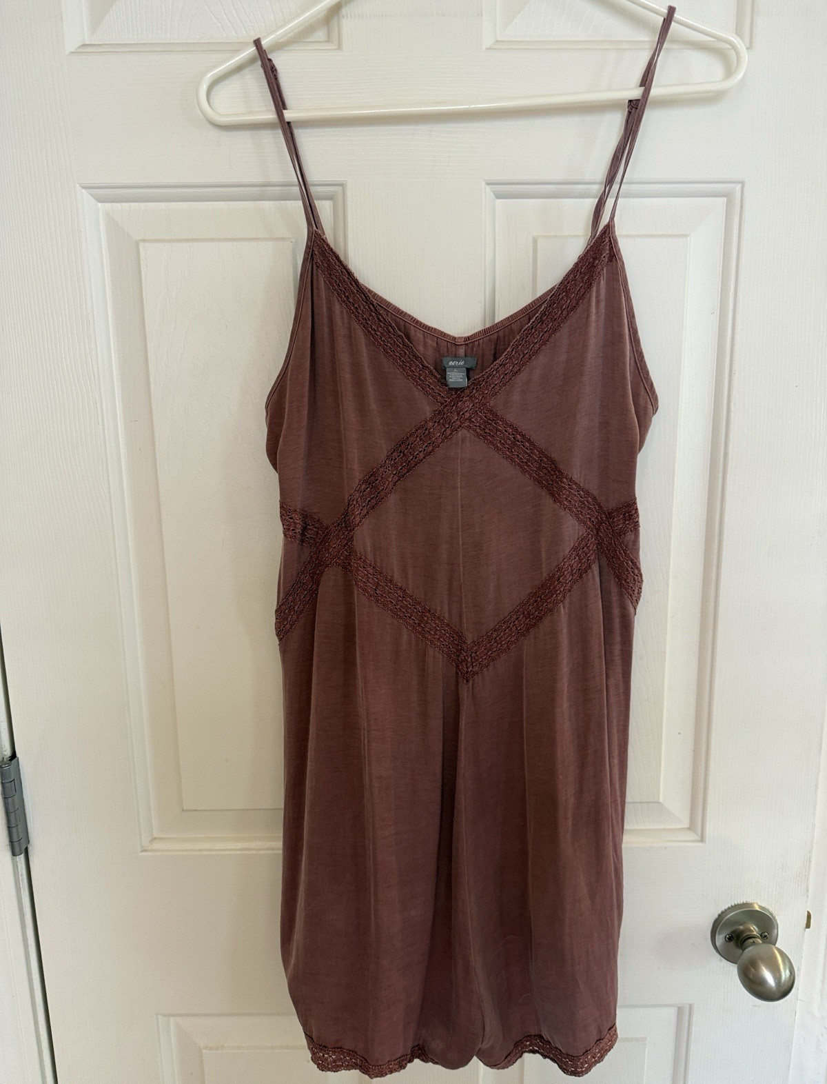 Aerie Lace Trim Satin Slip Romper Rose Mauve Pink Boho Lounge Sleep Chemise Size
