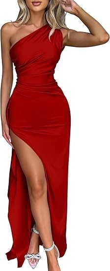 Women’s Sexy One Shoulder High Split Cocktail Wedding Party Maxi Dress