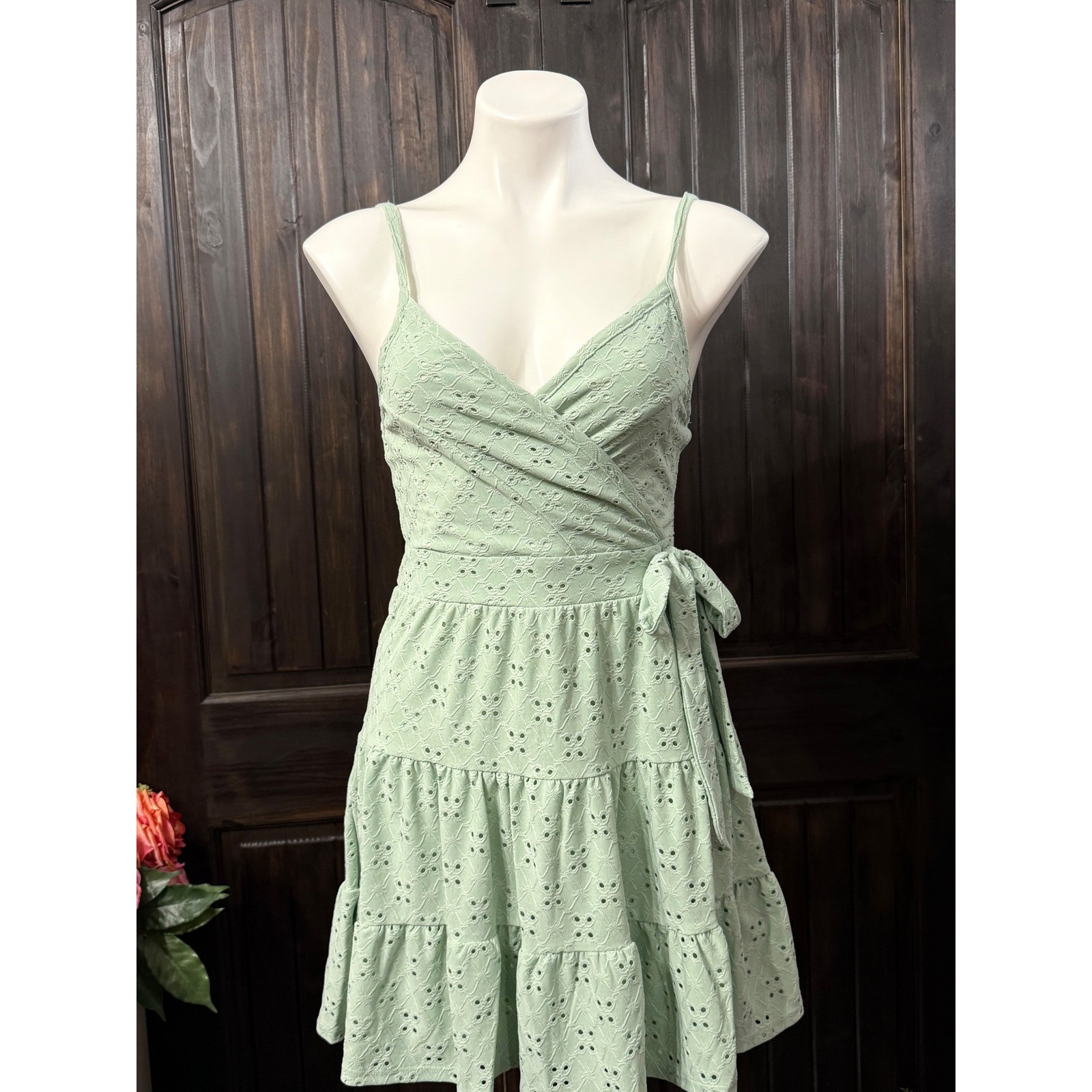 Stiletto’s Sage Green Eyelet Wrap Mini Dress Tiered Ruffle Sage Medium